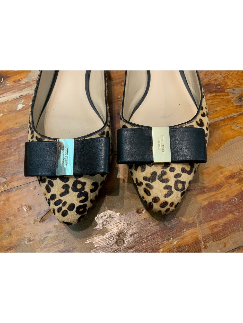 kate spade Leopard Print Pointed Flats with Black Bow and Gold Accent - Picture 3 of 4
